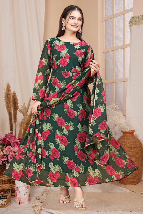 GREEN RED FLOWER MAXI GOWN