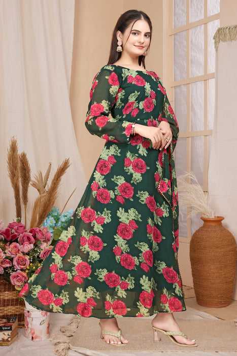 GREEN RED FLOWER MAXI GOWN