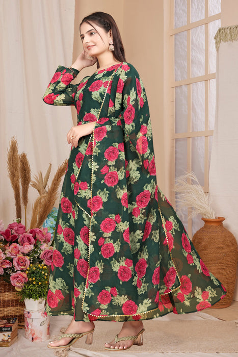 GREEN RED FLOWER MAXI GOWN