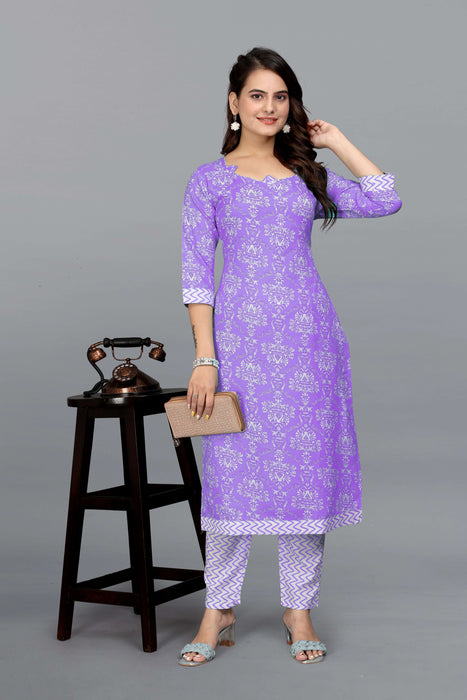 VANSHITA PRINTED KURTI AND PANT SET PURPLE