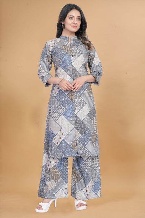 COOL GREY WITH GEOMETRIC PRINTED KURTI AND PANT CO-ORD SET