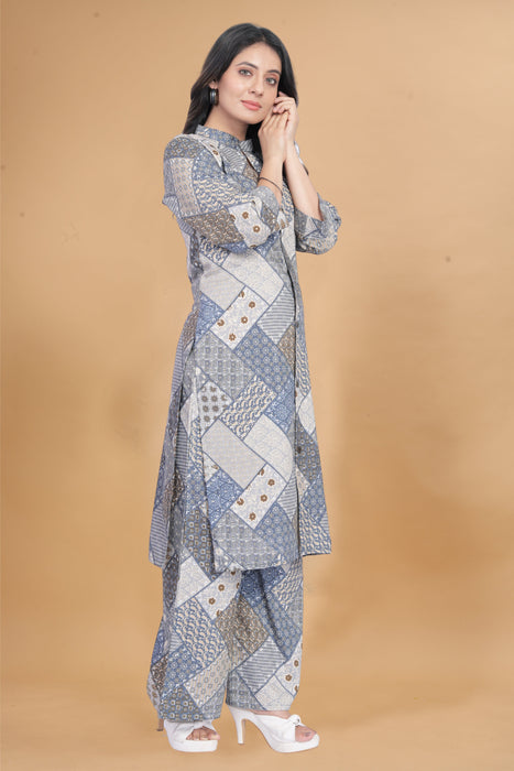 COOL GREY WITH GEOMETRIC PRINTED KURTI AND PANT CO-ORD SET