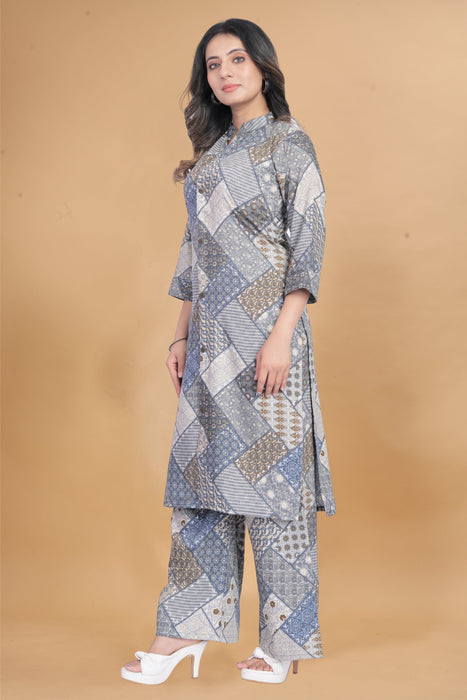 COOL GREY WITH GEOMETRIC PRINTED KURTI AND PANT CO-ORD SET