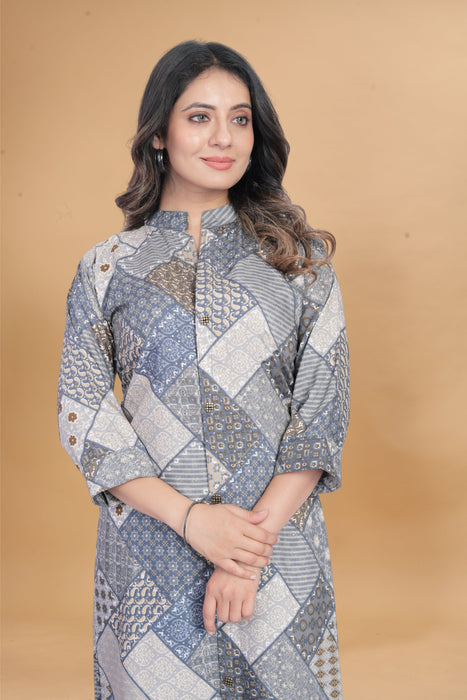 COOL GREY WITH GEOMETRIC PRINTED KURTI AND PANT CO-ORD SET