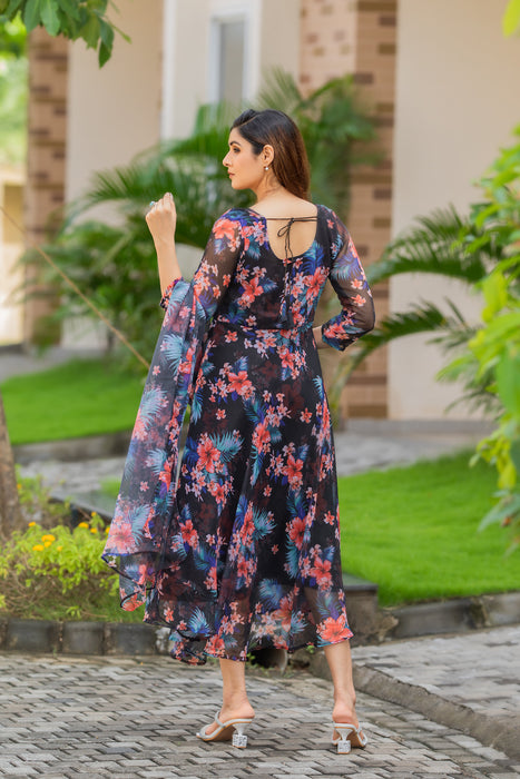 BLACK WITH RED FLOWER MAXI GOWN