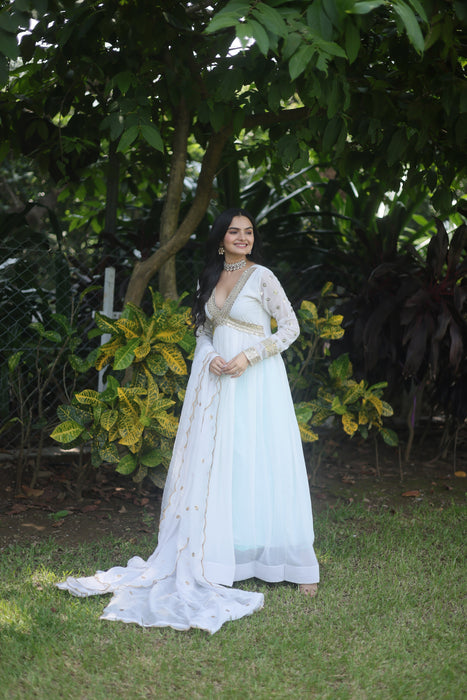 WHITE FAUX BLOOMING WITH  EMBROIDERY ZARI SEQUINS-WORK GOWN