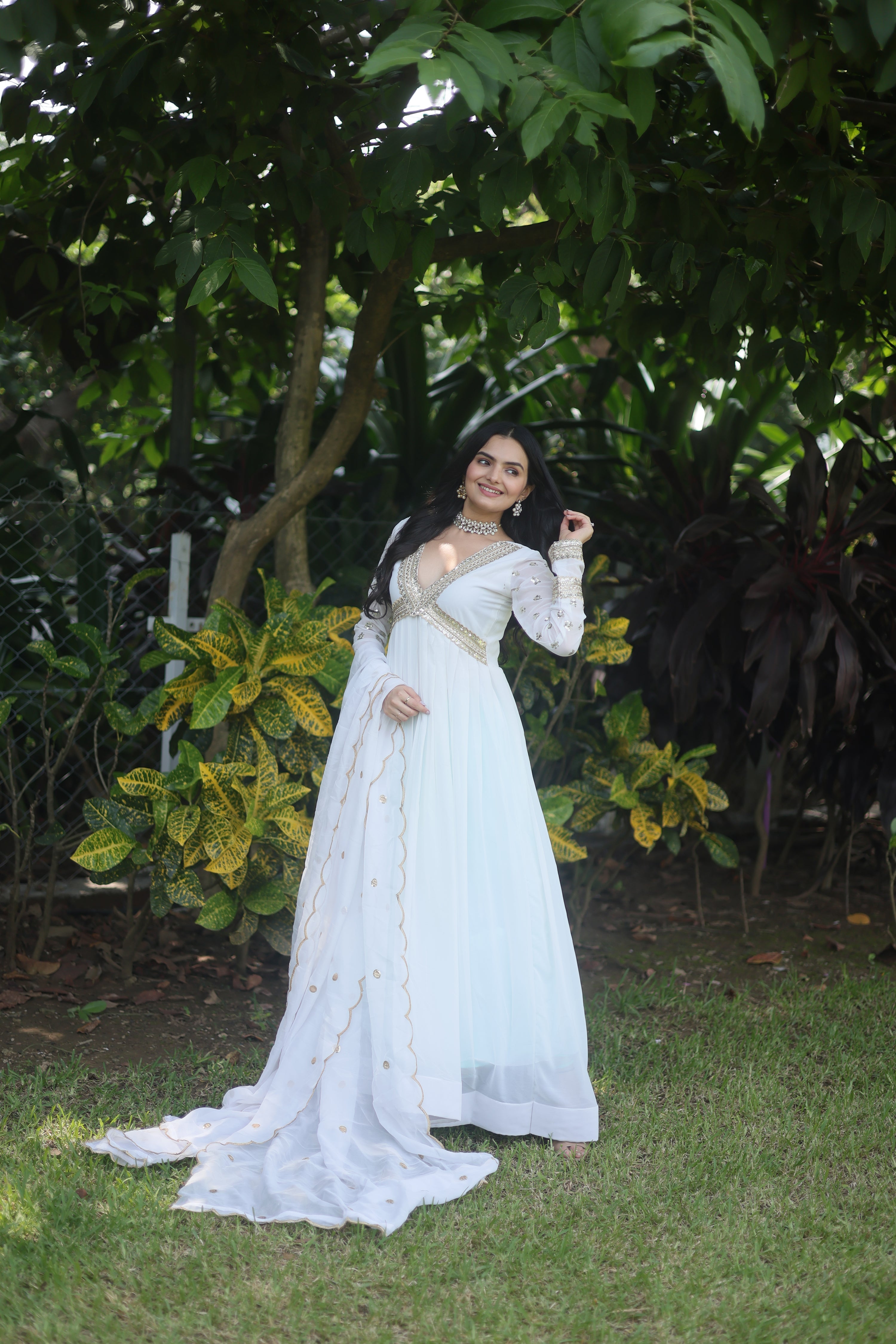 WHITE FAUX BLOOMING WITH  EMBROIDERY ZARI SEQUINS-WORK GOWN