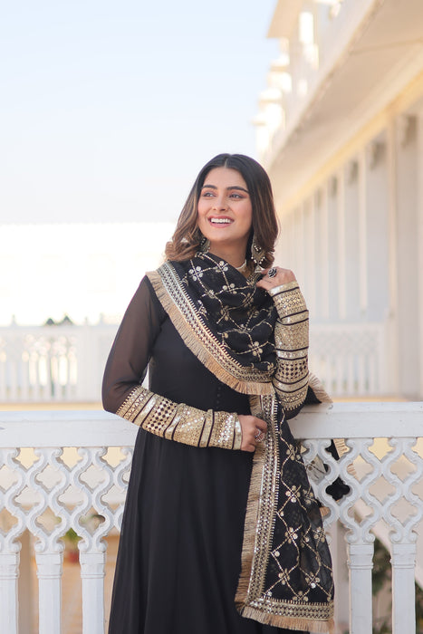 BLACK FAUX BLOOMING WITH SEQUINS EMBROIDERED MULTI-SEQUINS WORK GOWN