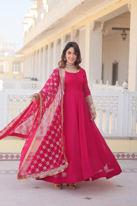 PINK FAUX BLOOMING WITH SEQUINS EMBROIDERED MULTI-SEQUINS WORK GOWN