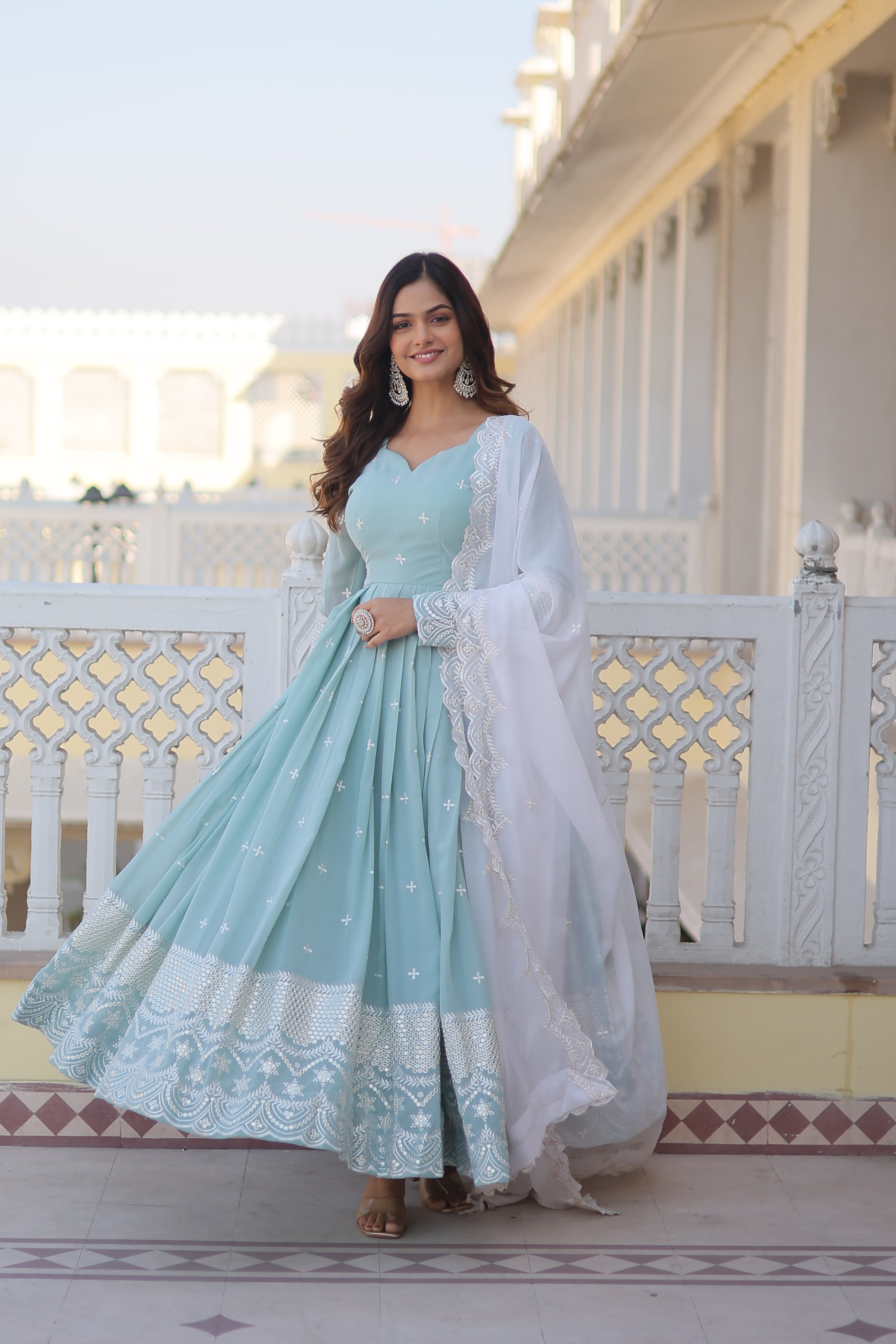 BLUISH CYAN FAUX GEORGETTE GOWN