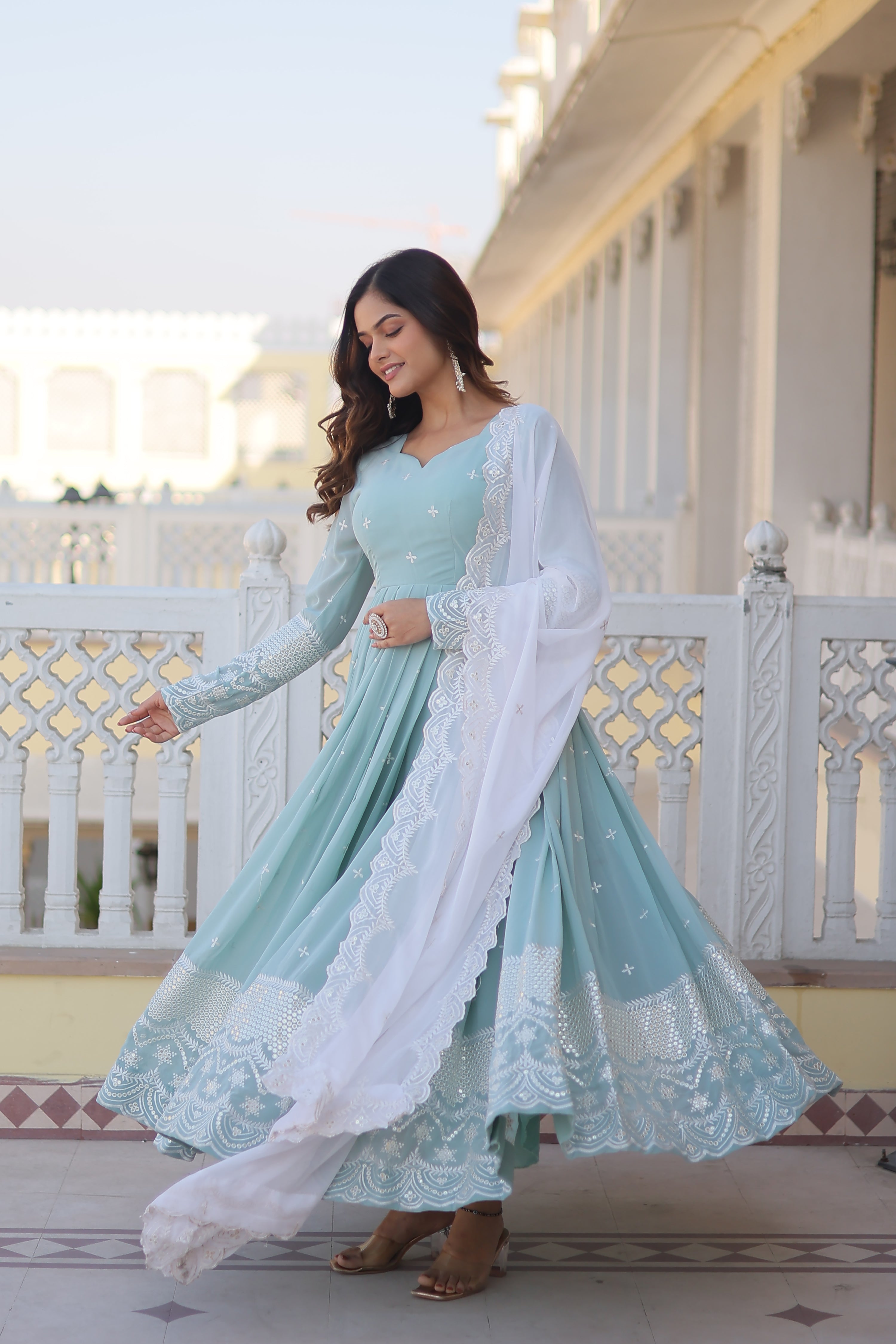 BLUISH CYAN FAUX GEORGETTE GOWN