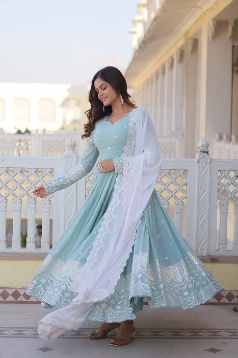 BLUISH CYAN FAUX GEORGETTE WITH THREAD & SEQUINS EMBROIDERY GOWN