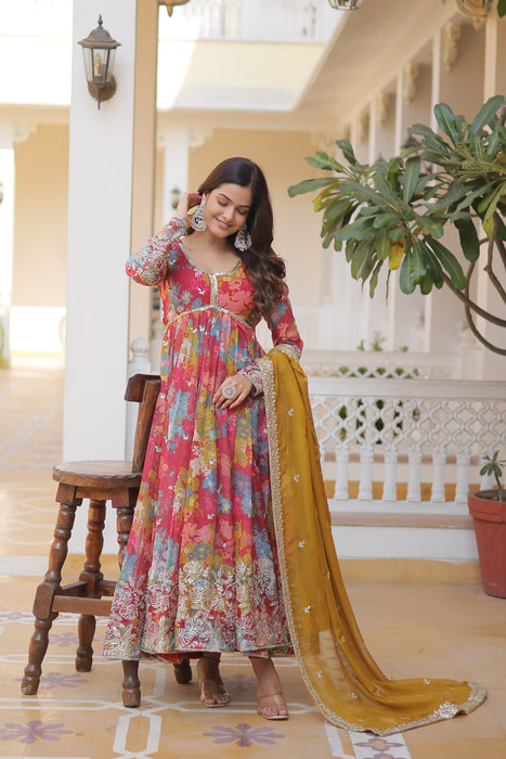 LIGHT PINK DIGITAL PRINTED RUSSIAN SILK WITH  EMBROIDERY ZARI SEQUINS-WORK GOWN