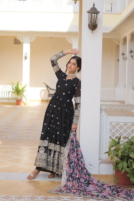 BLACK FAUX GEORGETTE WITH EMBROIDERY ZARI SEQUINS-WORK GOWN