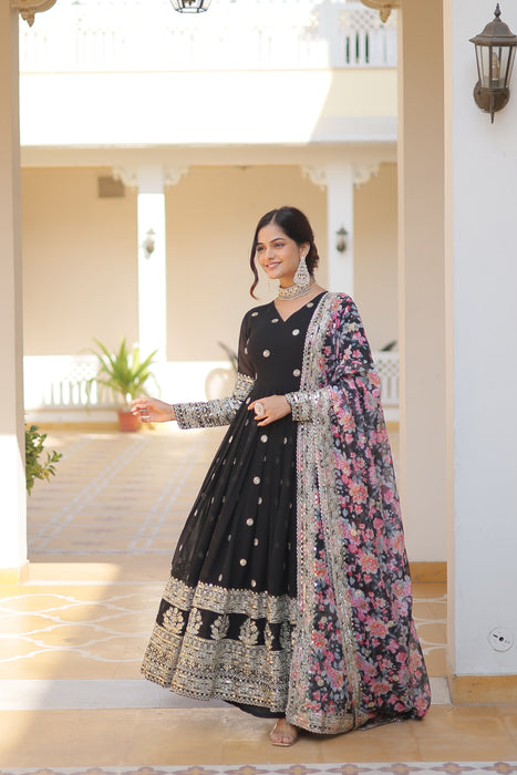 BLACK FAUX GEORGETTE WITH EMBROIDERY ZARI SEQUINS-WORK GOWN