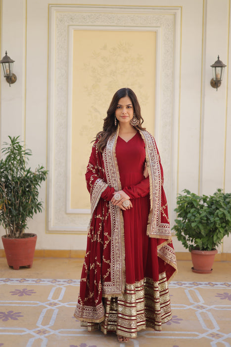 MAROON FAUX BLOOMING WITH EMBROIDERY ZARI SEQUINS-WORK GOWN