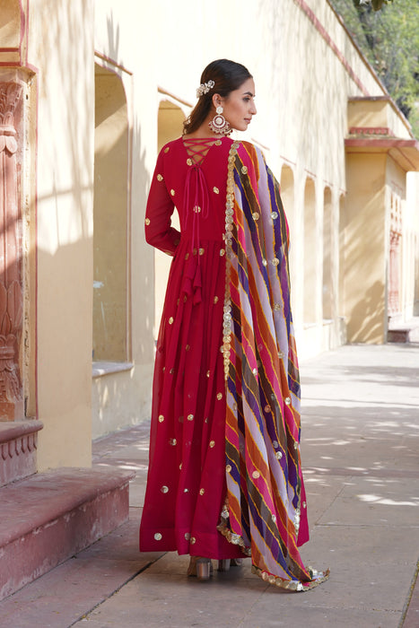 ROSE RED FAUX BLOOMING WITH EMBROIDERY ZARI SEQUINS-WORK GOWN