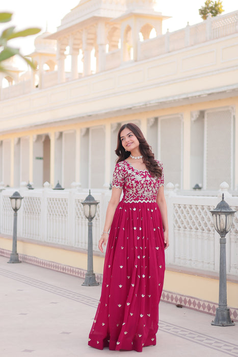 PINK FAUX BLOOMING WITH CODING SEQUINS EMBROIDERED WORK GOWN