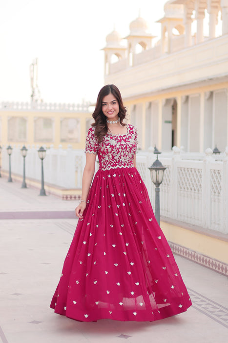 PINK FAUX BLOOMING WITH CODING SEQUINS EMBROIDERED WORK GOWN