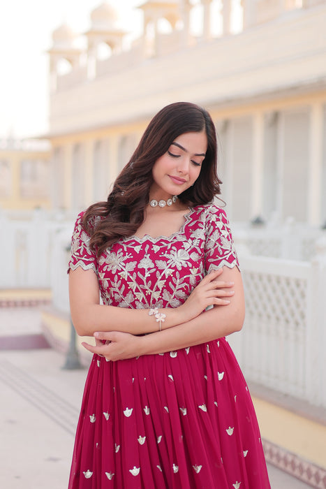 PINK FAUX BLOOMING WITH CODING SEQUINS EMBROIDERED WORK GOWN