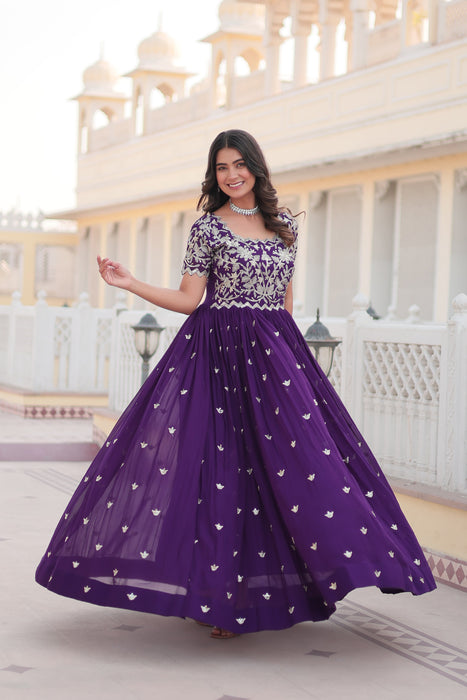 PURPLE FAUX BLOOMING WITH CODING SEQUINS EMBROIDERED WORK GOWN