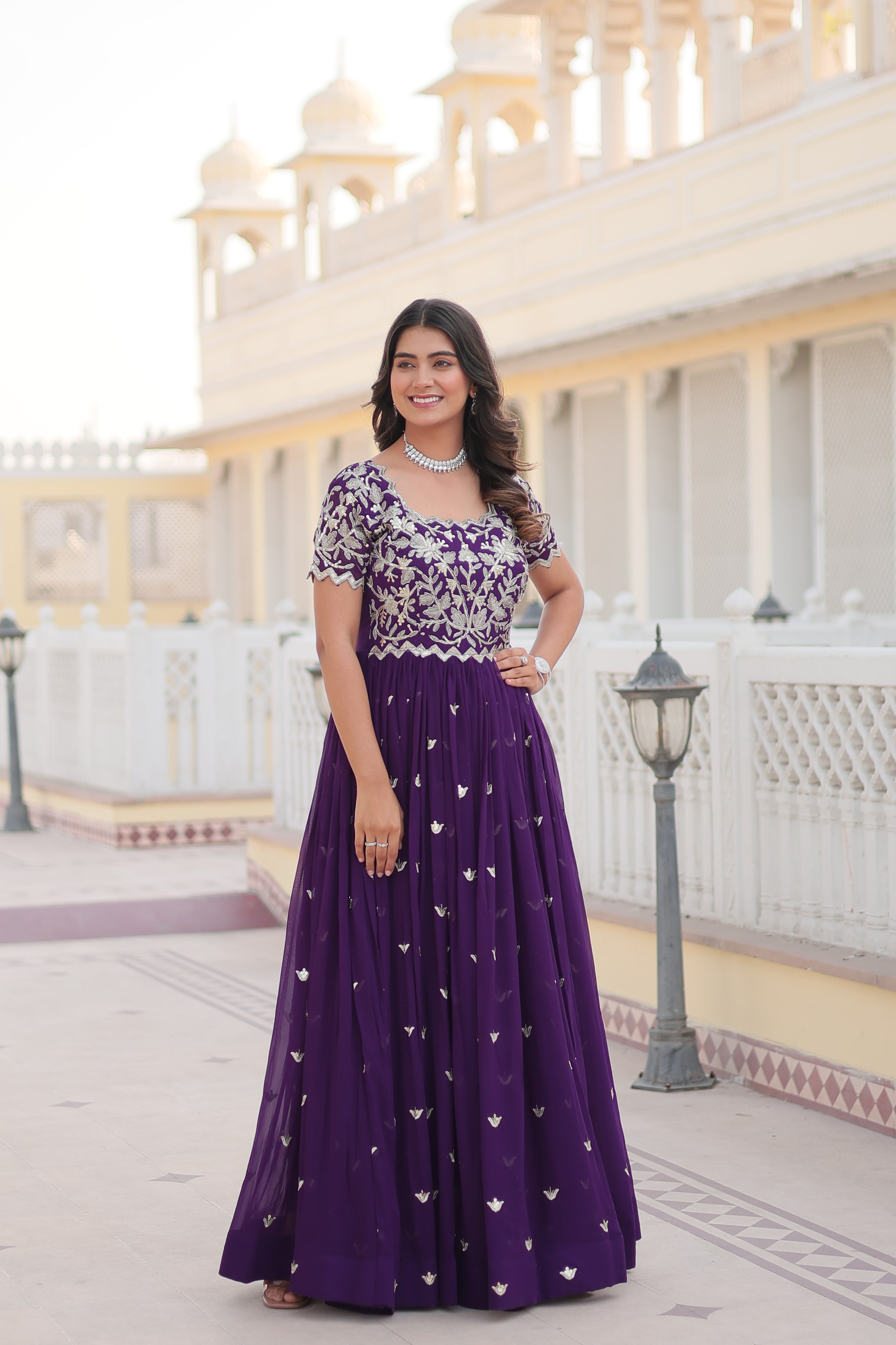 PURPLE FAUX BLOOMING WITH CODING SEQUINS EMBROIDERED WORK GOWN