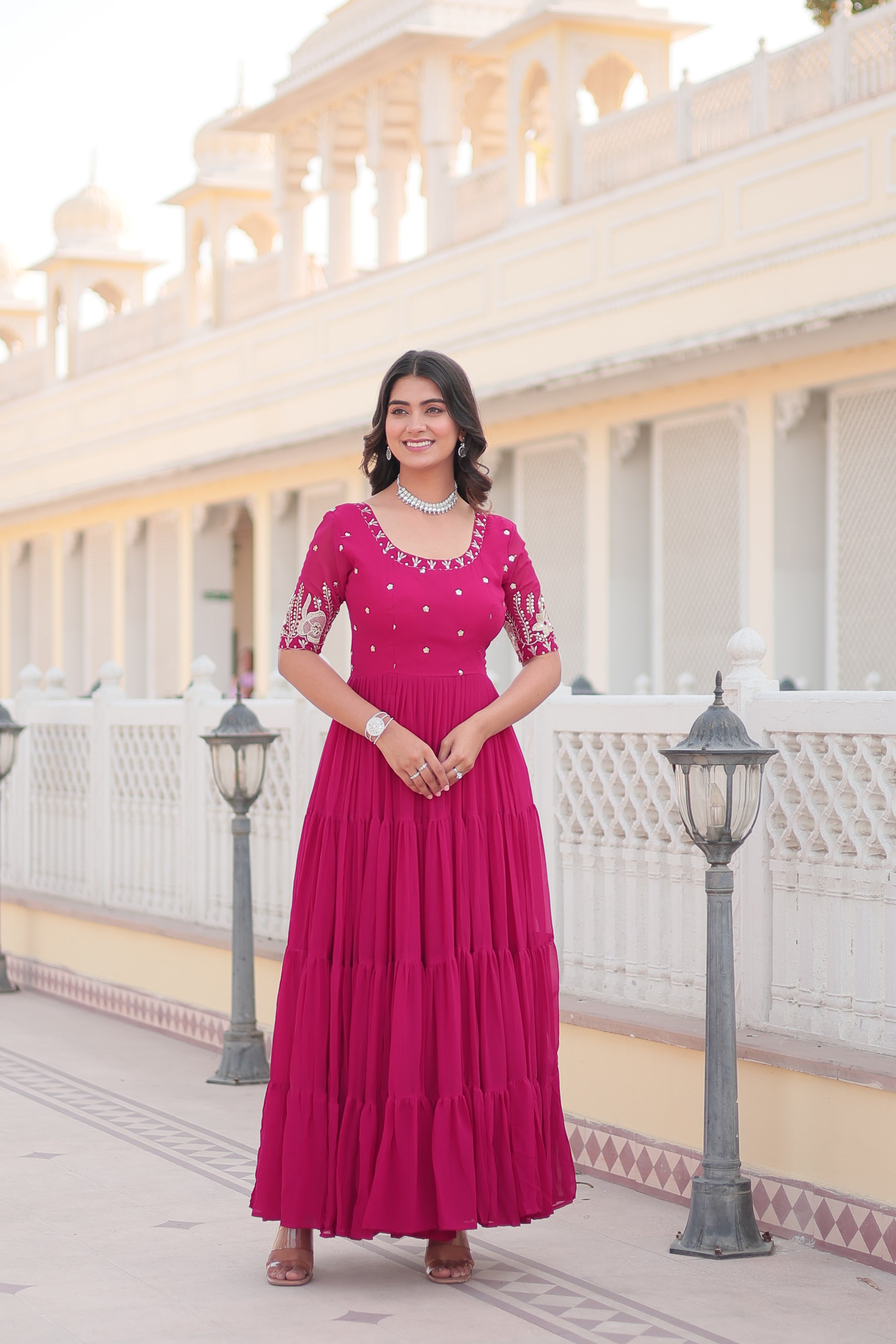 SALMON PINK FAUX BLOOMING WITH EMBROIDERY ZARI SEQUINS-WORK GOWN