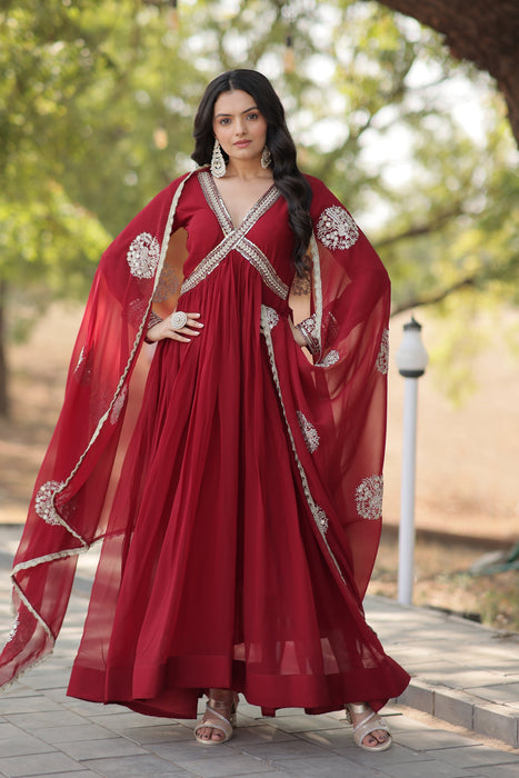 RED FAUX BLOOMING WITH  EMBROIDERY ZARI SEQUINS-WORK GOWN