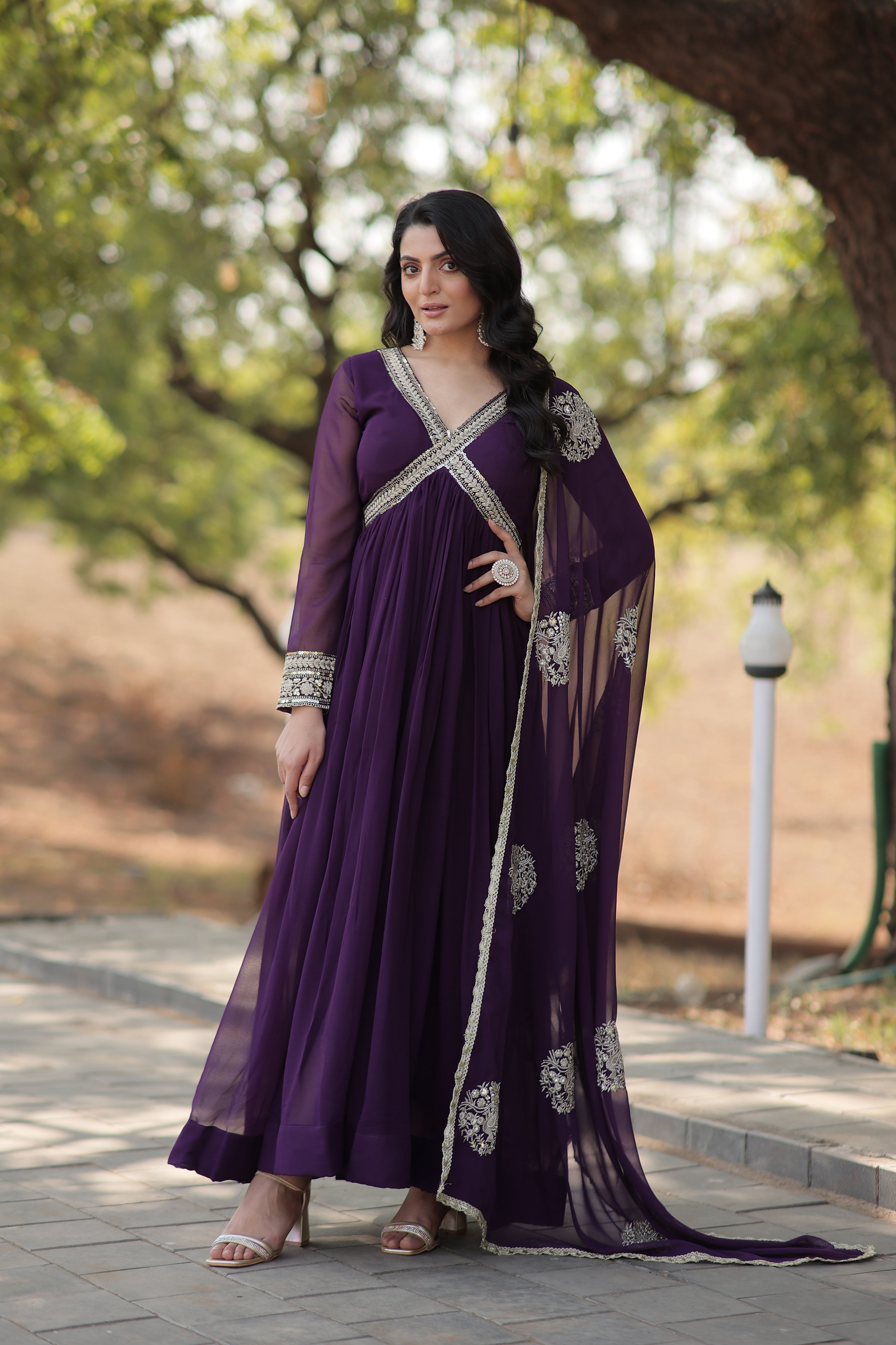 PURPLE FAUX BLOOMING WITH  EMBROIDERY ZARI SEQUINS-WORK GOWN