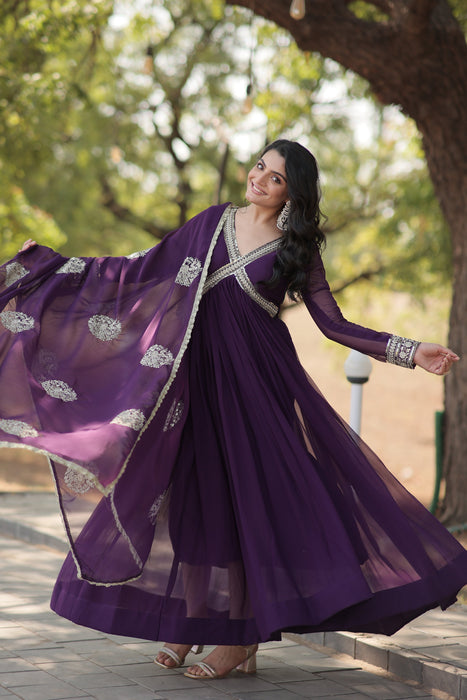 PURPLE FAUX BLOOMING WITH  EMBROIDERY ZARI SEQUINS-WORK GOWN