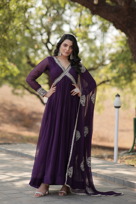 PURPLE FAUX BLOOMING WITH  EMBROIDERY ZARI SEQUINS-WORK GOWN