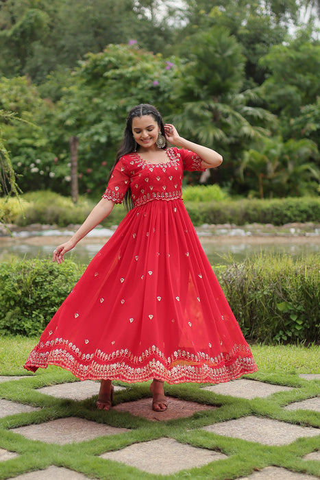 RED FAUX BLOOMING WITH EMBROIDERY ZARI SEQUINS-WORK GOWN