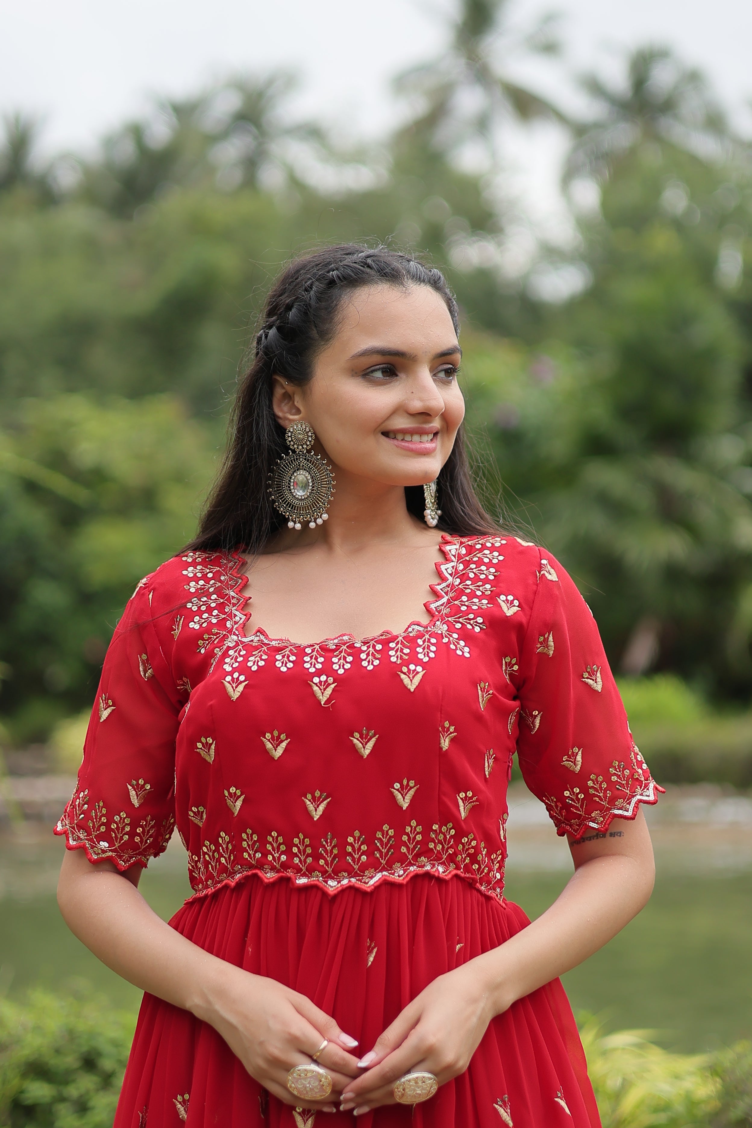 RED FAUX BLOOMING WITH EMBROIDERY ZARI SEQUINS-WORK GOWN