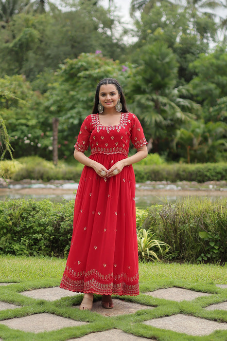 RED FAUX BLOOMING WITH EMBROIDERY ZARI SEQUINS-WORK GOWN