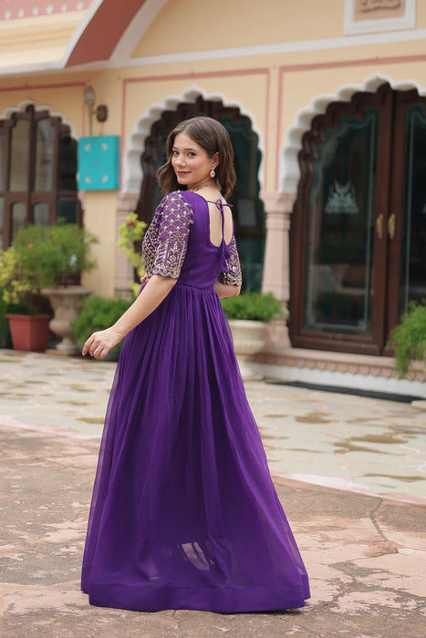 PURPLE FAUX BLOOMING WITH EMBROIDERY ZARI SEQUINS-WORK GOWN