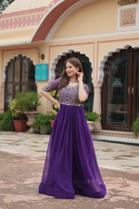 PURPLE FAUX BLOOMING WITH EMBROIDERY ZARI SEQUINS-WORK GOWN