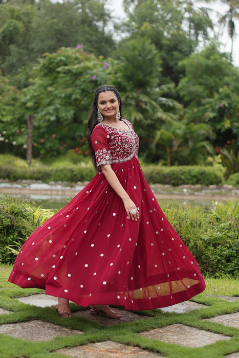 MAROON FAUX BLOOMING WITH EMBROIDERY ZARI SEQUINS-WORK GOWN