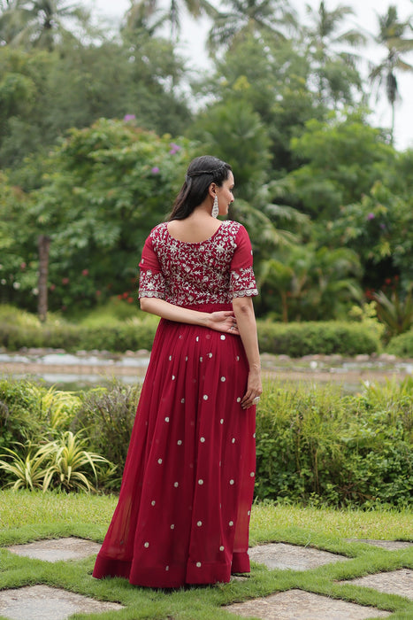 MAROON FAUX BLOOMING WITH EMBROIDERY ZARI SEQUINS-WORK GOWN