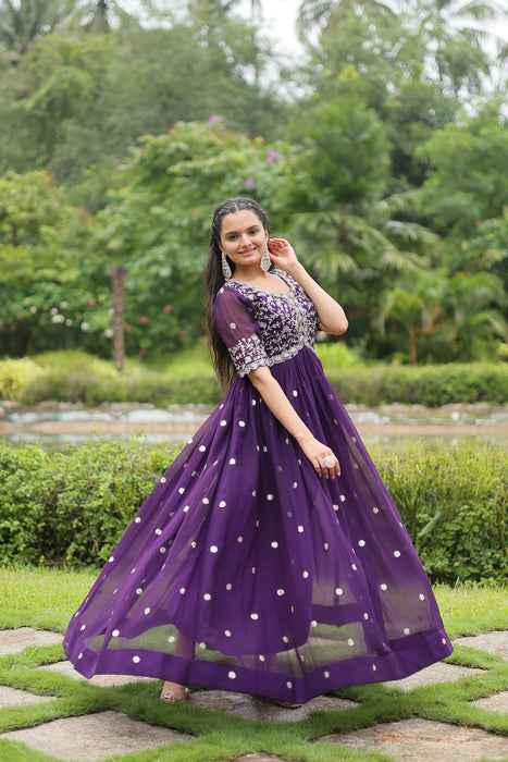 COBALT BLUE FAUX BLOOMING WITH EMBROIDERY ZARI SEQUINS-WORK GOWN