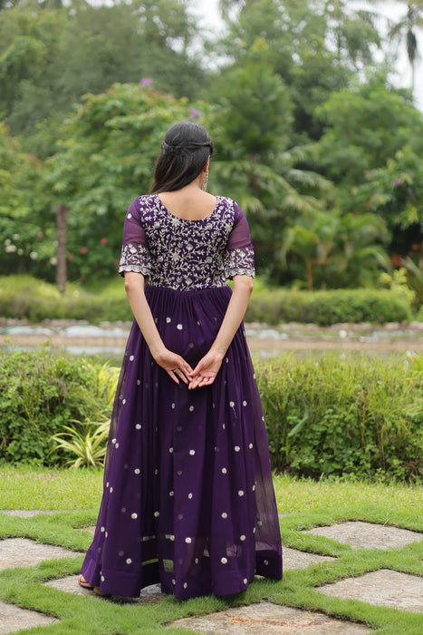 COBALT BLUE FAUX BLOOMING WITH EMBROIDERY ZARI SEQUINS-WORK GOWN