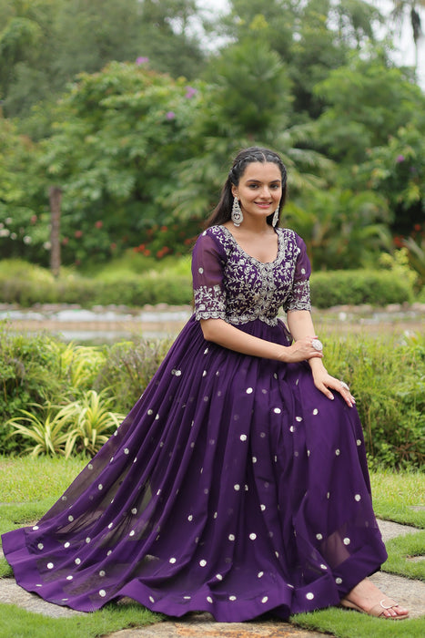 COBALT BLUE FAUX BLOOMING WITH EMBROIDERY ZARI SEQUINS-WORK GOWN