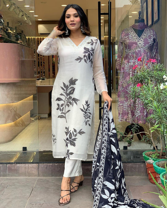 WHITE FLOWER PRINTED KURTA SET