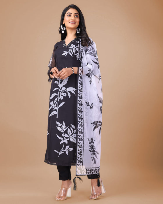 BLACK FLOWER PRINTED KURTA SET