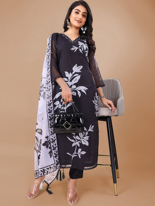 BLACK FLOWER PRINTED KURTA SET