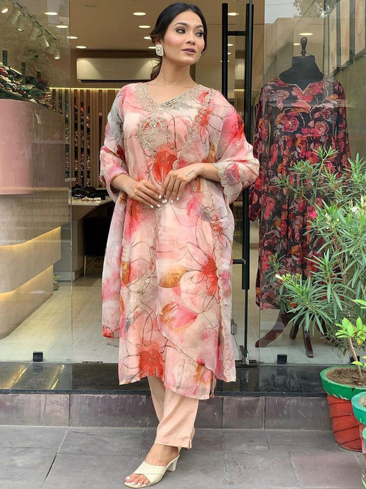 PEACH FLOWER PRINTED KURTA PANT SET