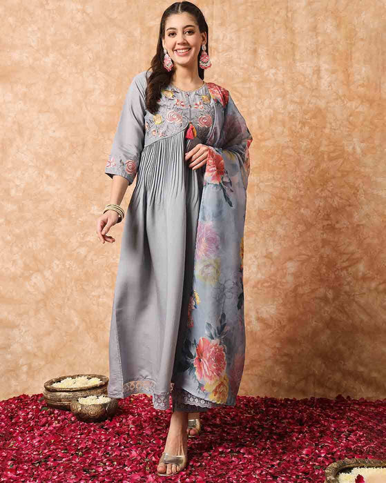 GREY ALIYA CUT DESIGNER PRINTED KURTA SET