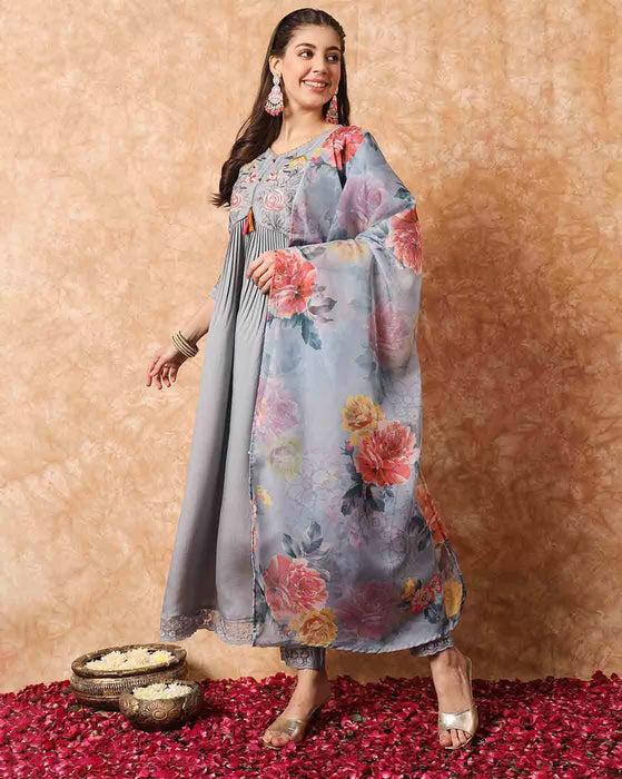 GREY ALIYA CUT DESIGNER PRINTED KURTA SET