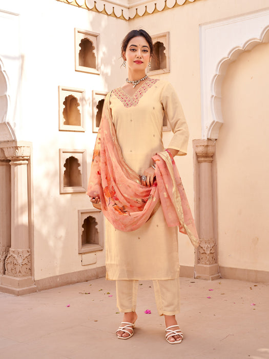 DARK CREAM WITH EMBROIDERY DESIGNER KURTA SET