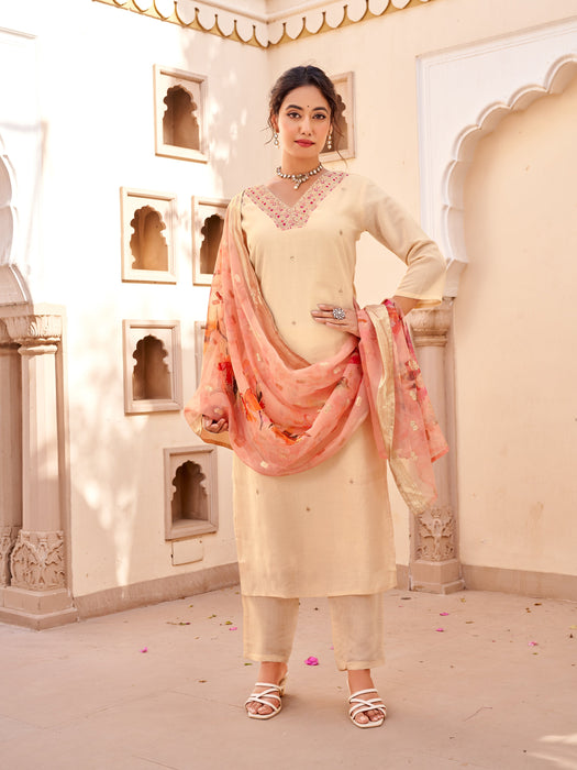 DARK CREAM WITH EMBROIDERY DESIGNER KURTA SET