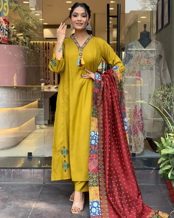 Musterd Yellow Embroidery Kurta Set